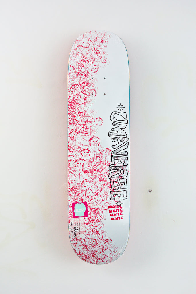 Skateboard deck with white base and pink floral design, Maïté Steenhoudt Pro Model