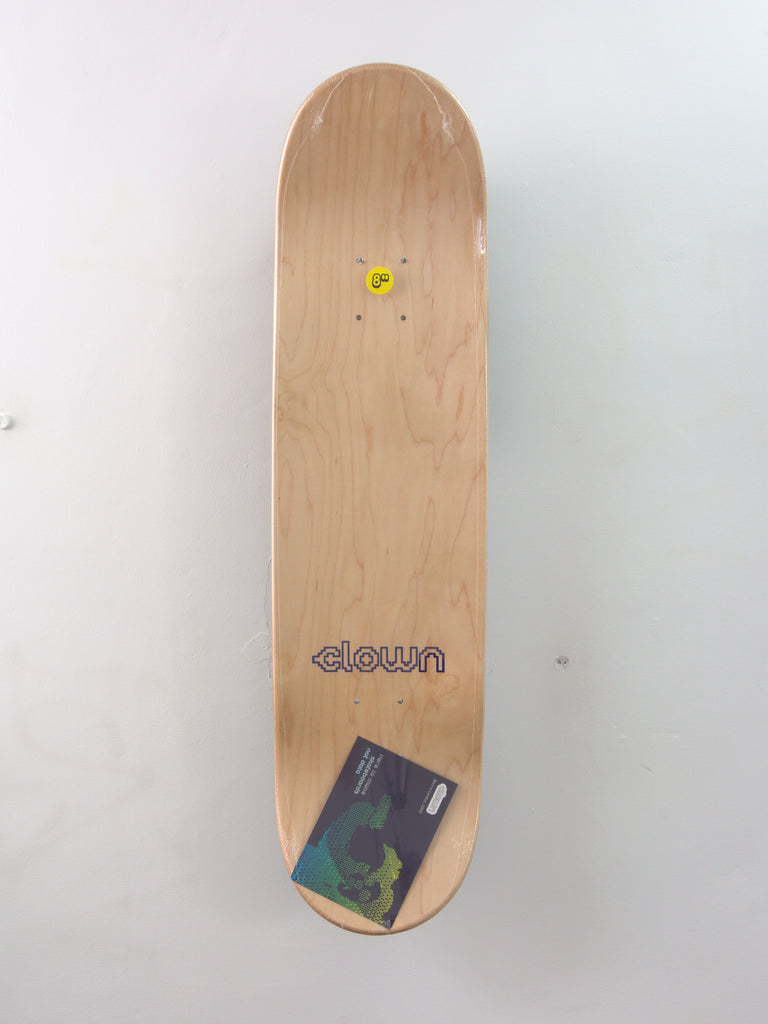 Wooden skateboard deck with a credit card attached to its surface.