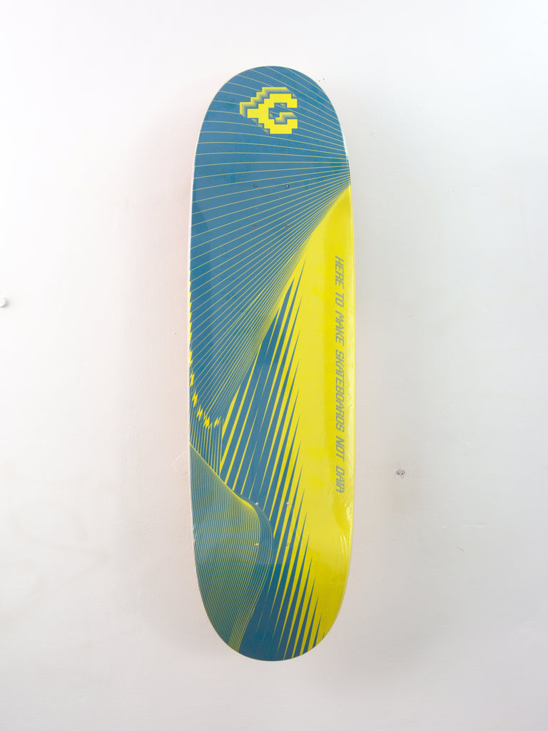 Skateboard deck with a blue and yellow abstract design.