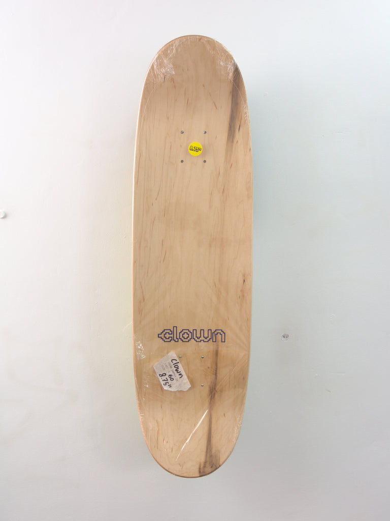 Wooden skateboard deck with a brand logo and sticker.