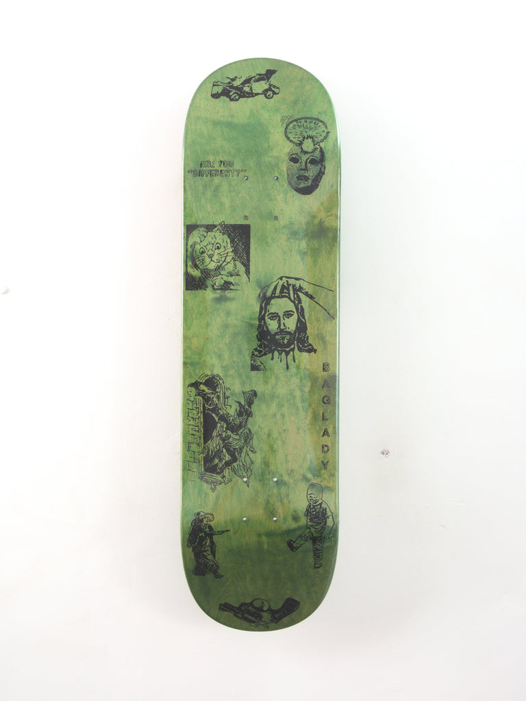 Green skateboard deck with various printed images and designs.