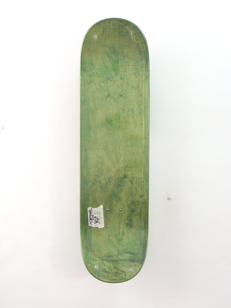 Green skateboard deck without wheels or trucks.