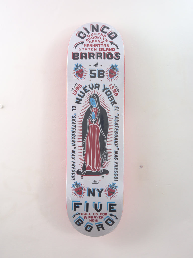 Skateboard deck featuring stylized religious imagery from Cinqo Barrios Skateboard collection