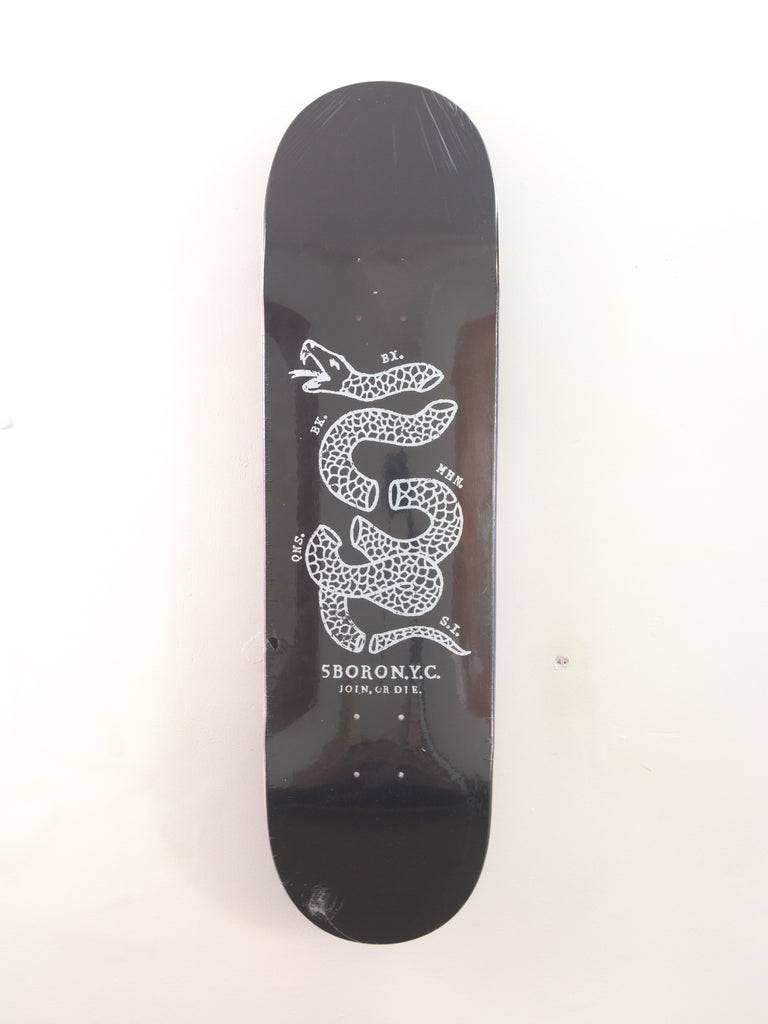 Black and white snake skateboard deck from 5 Boro, 8.75 x 32.25 size