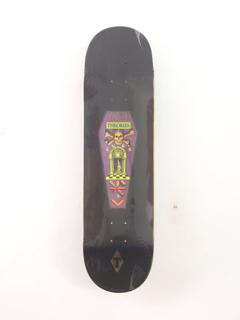 Colorful skeleton graphic on Theories of Atlantis Coffin Skateboard Deck 8.50 x 32.00