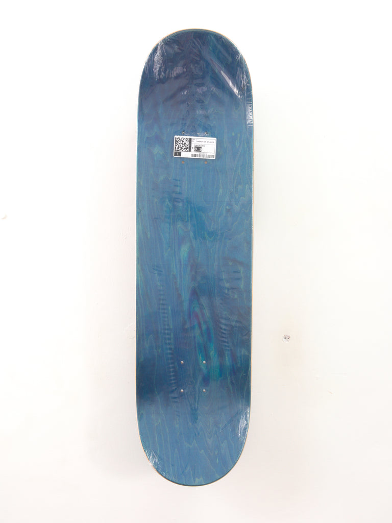 Blue Theories of Atlantis Coffin Skateboard Deck with a white label, 8.50 x 32.00