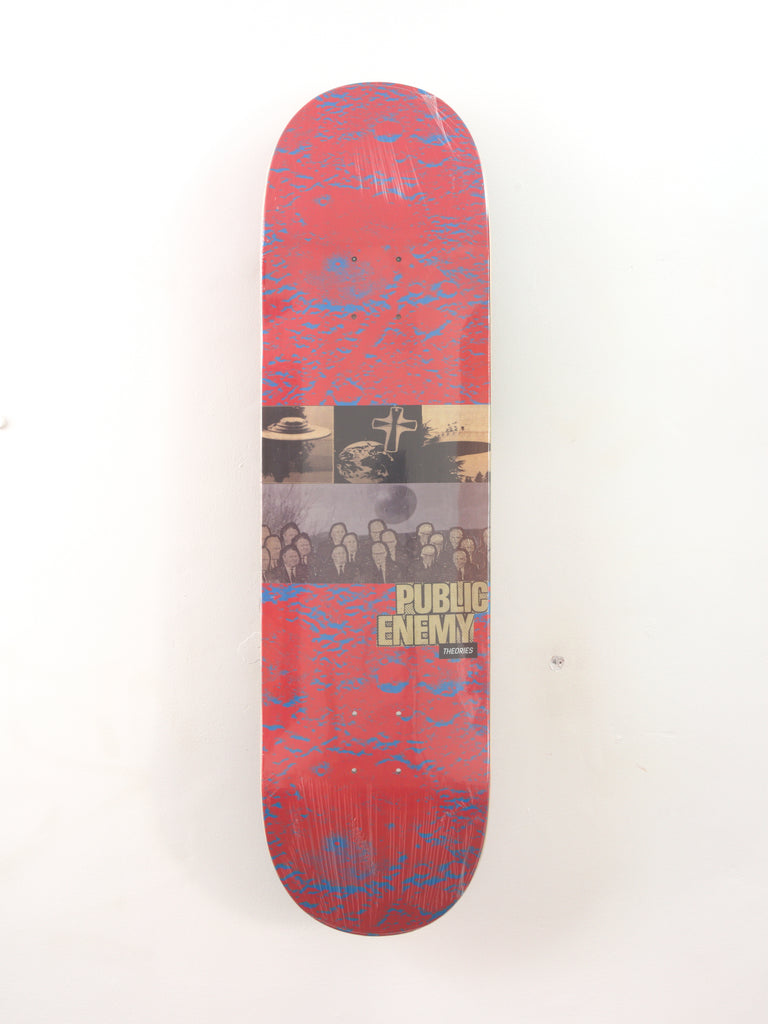 Skateboard deck featuring red background and graphic design for Theories of Atlantis - Public Enemy Skateboard