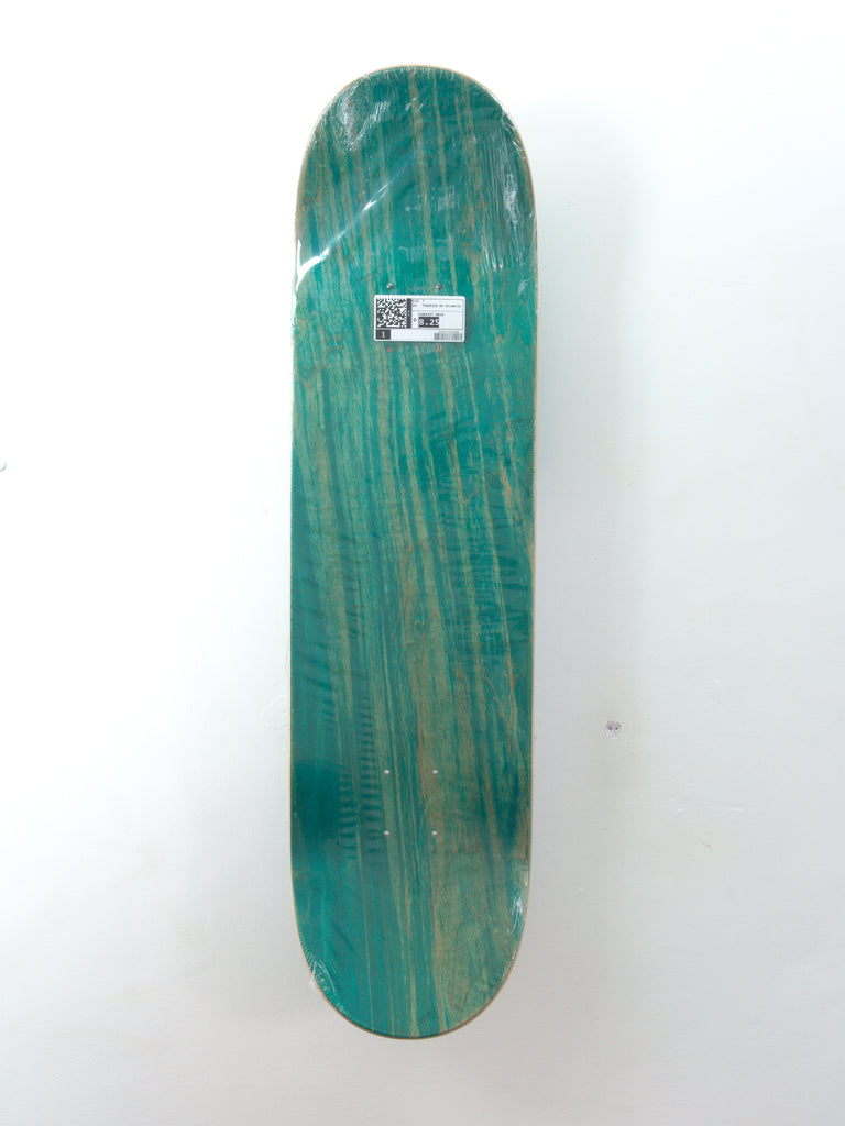 Teal skateboard deck with woodgrain pattern from Theories of Atlantis Coexist series