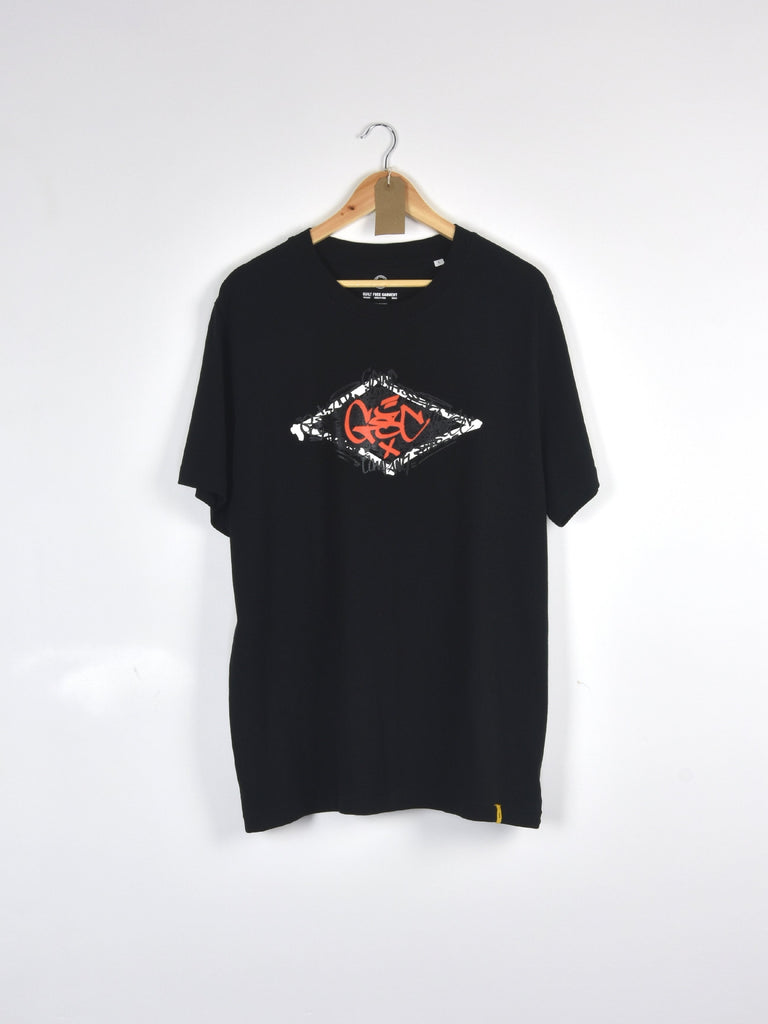 Black t-shirt with a red and white diamond-shaped graphic design on the front.