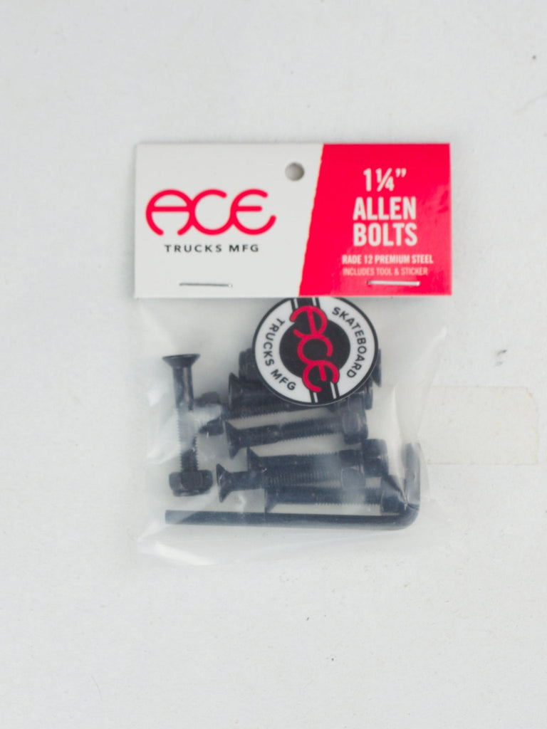 Package of Ace Trucks MFG 1¼ inch Allen skateboard bolts, featuring 8 bolts total