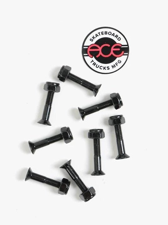 Skateboard truck mounting bolts with an Ace Trucks logo sticker.