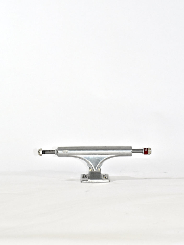 Skateboard truck made of silver-colored metal.