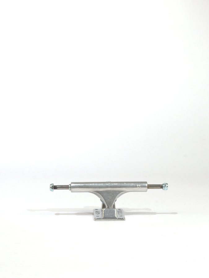 Skateboard truck made of silver-colored metal.