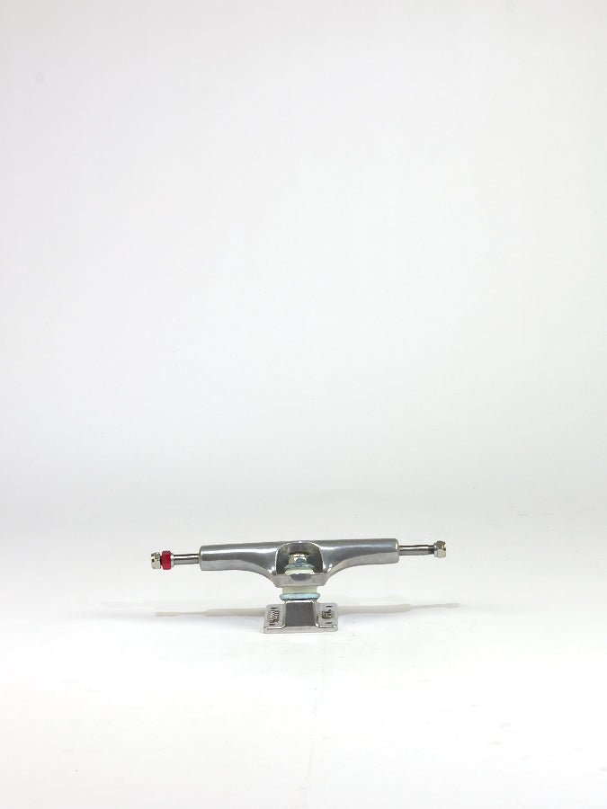 Skateboard truck with a silver metallic finish.