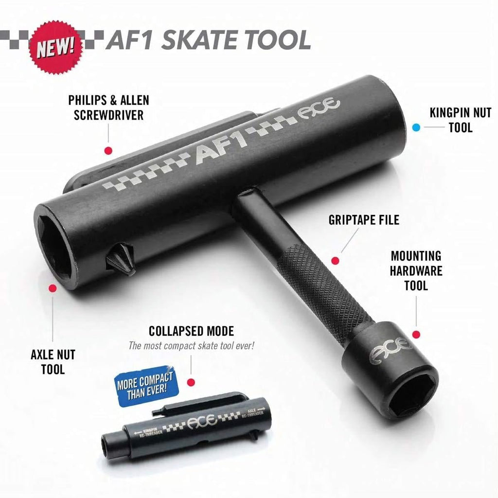T-shaped multifunctional skateboard tool with various built-in components for maintenance and adjustments.