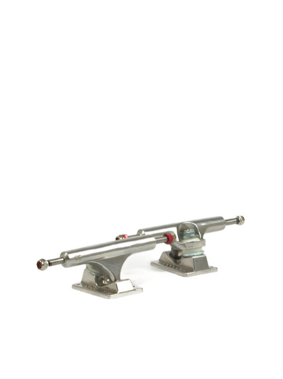 Pair of Ace Trucks AF1 Low Profile Skateboard Trucks with silver finish and red bushings