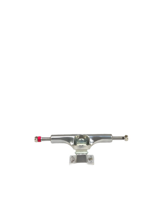 Polished metal Ace Trucks Af1 low profile skateboard truck with red bushing visible