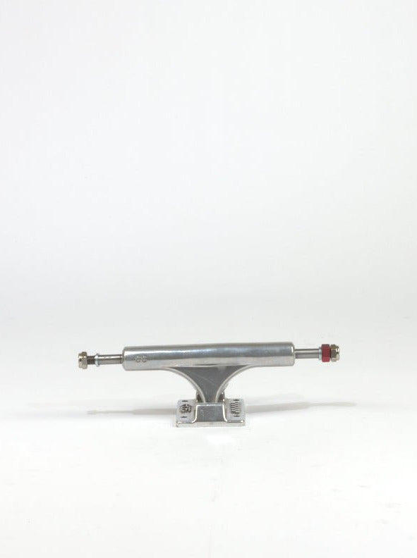 Silver skateboard truck with red bolt from Ace Trucks AF1 in raw finish 8.00