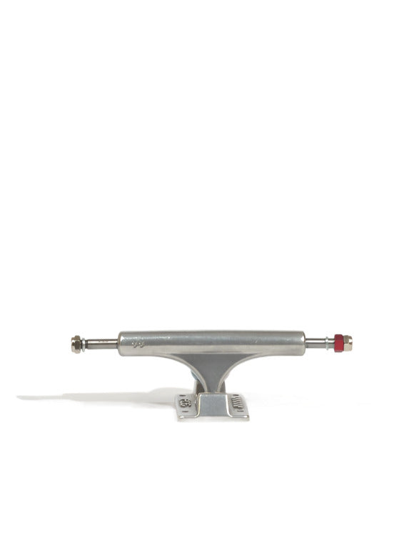 Ace Trucks Af1 44 Skateboard Trucks in silver metal with red bushing for wide skateboard trucks