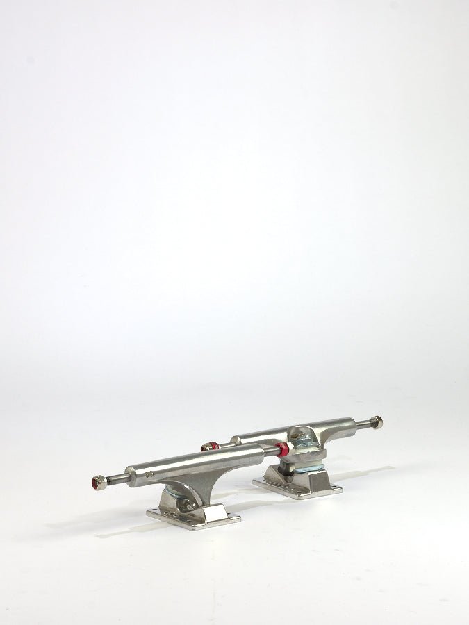 Silver low skateboard trucks with red accents from Ace Trucks - AF1 Raw Finish 8.25