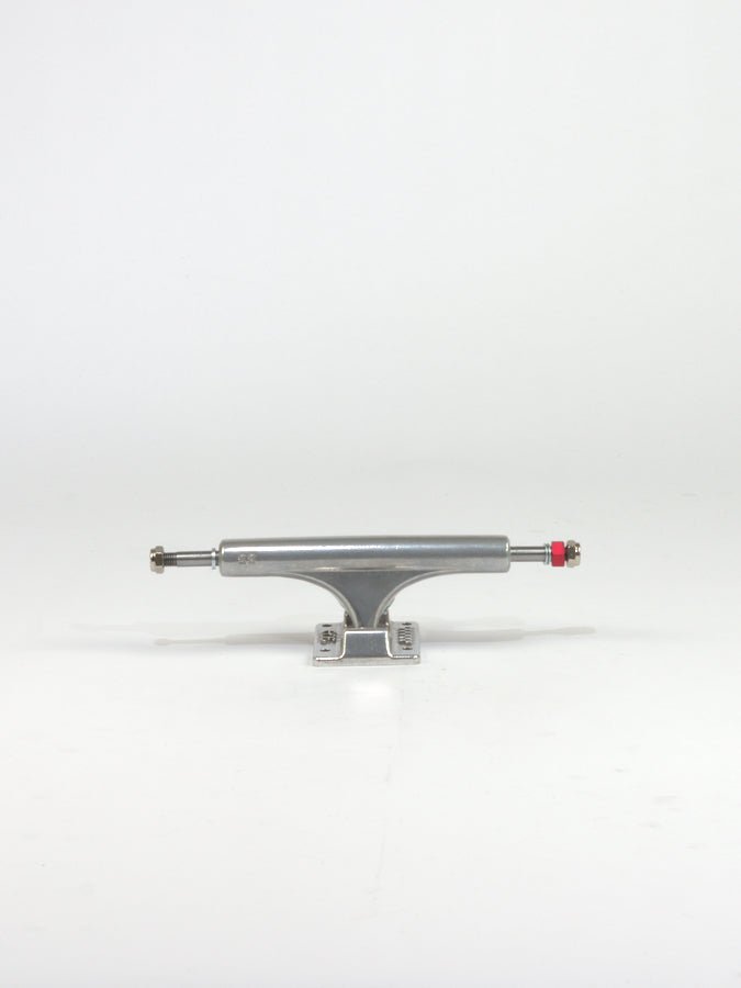 Ace Trucks AF1 55 Skateboard Trucks in silver metal with red bushing on a raw finish