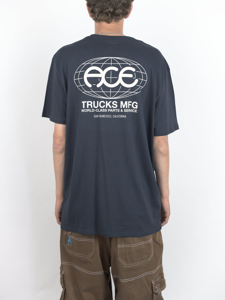 Dark blue Ace Trucks Class T Shirt with logo and text on back for grind supply enthusiasts