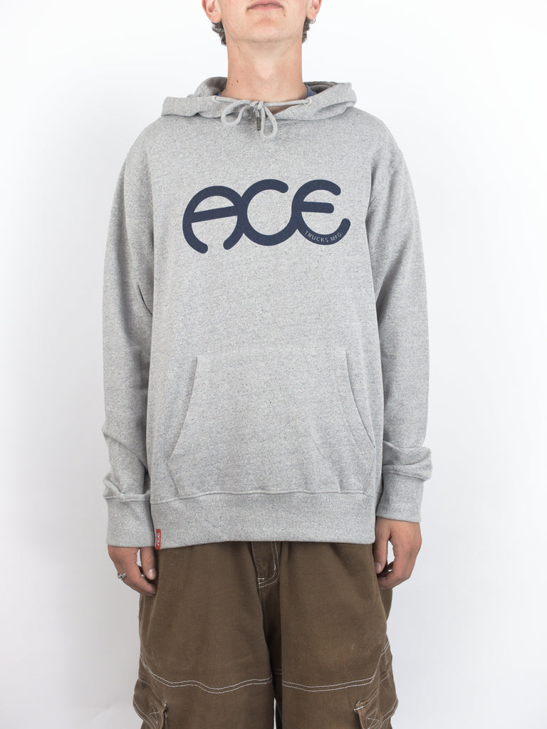 Gray hoodie sweatshirt from Ace Trucks Mfg featuring large navy blue ACE print