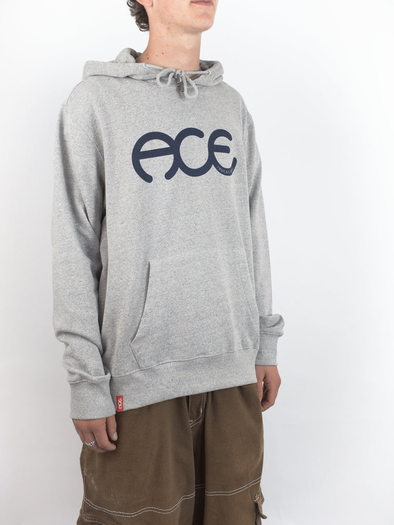 Gray hoodie sweatshirt with ACE printed in navy, from Ace Trucks Mfg Rings Hoodie collection