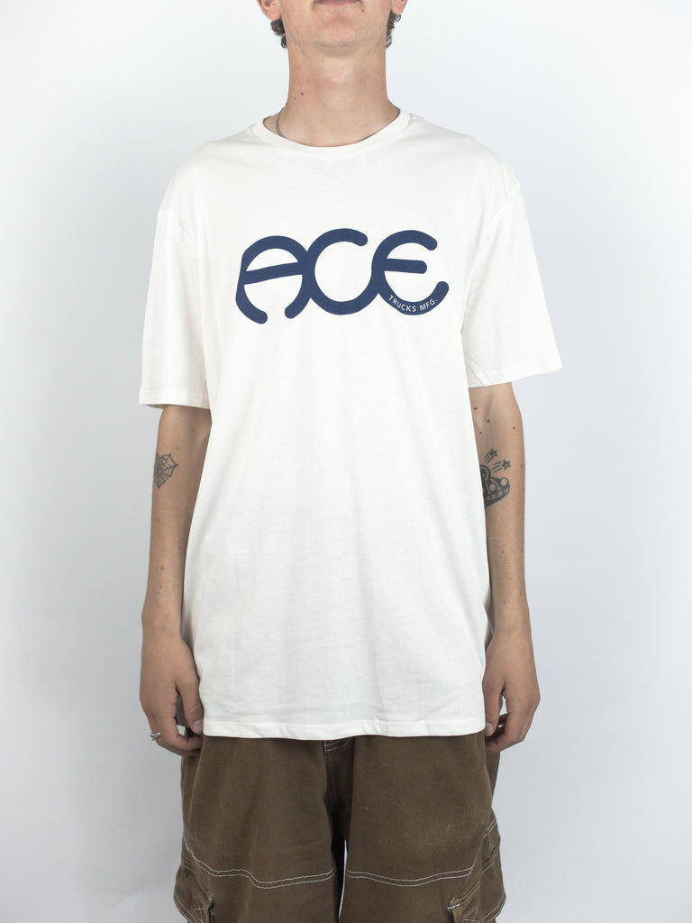 White T-Shirt with ACE printed in blue for Ace Trucks Rings at an online skateboard shop