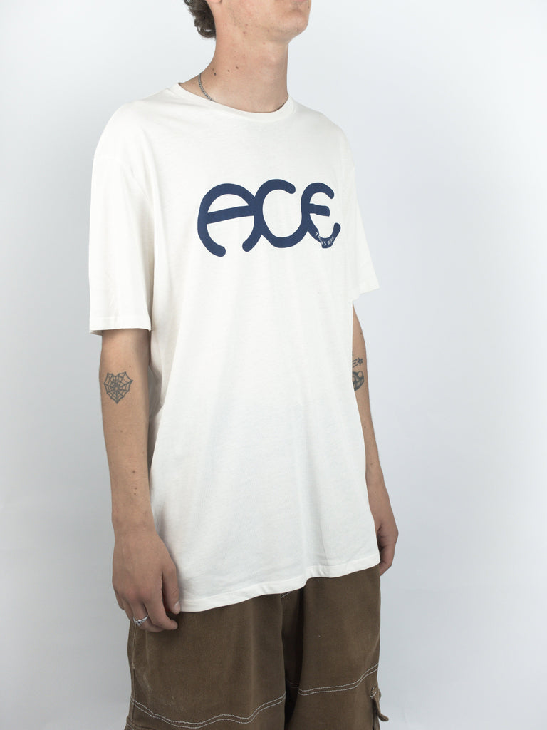 White T-shirt featuring ACE in blue letters, part of Ace Trucks Rings collection