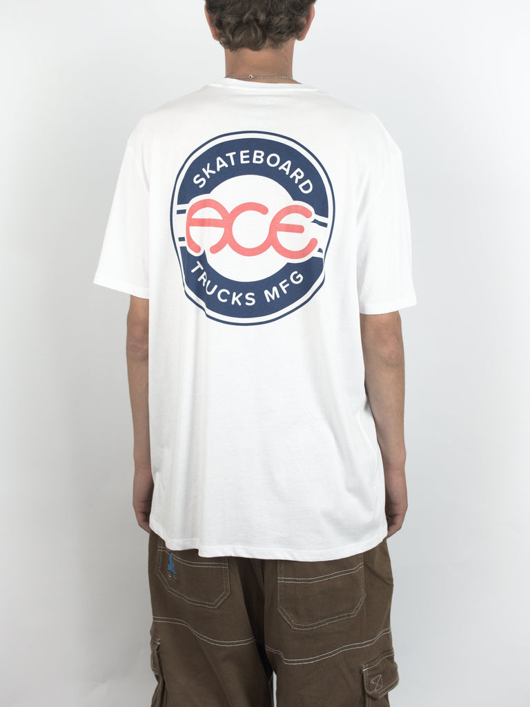 White t-shirt featuring Skateboard Trucks MFG logo, part of Ace Trucks Seal collection