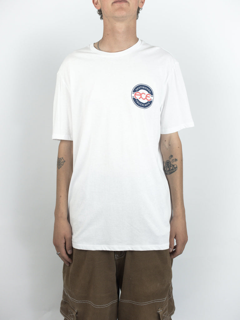 White Ace Trucks Seal T Shirt featuring a circular logo patch on the chest