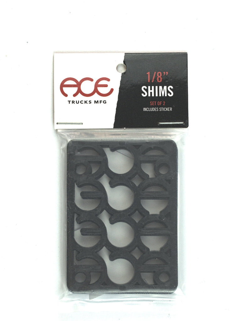 Set of black rubber Ace Trucks shims in clear packaging with branded label