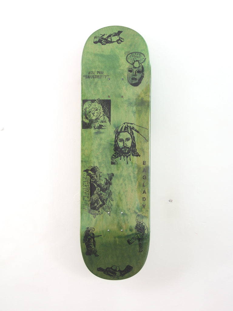 Green skateboard deck with various printed images and designs.