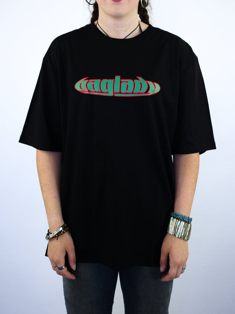 Black Warp T Shirt with colorful Raglab logo from Bag Lady Supplies in Black Red Green