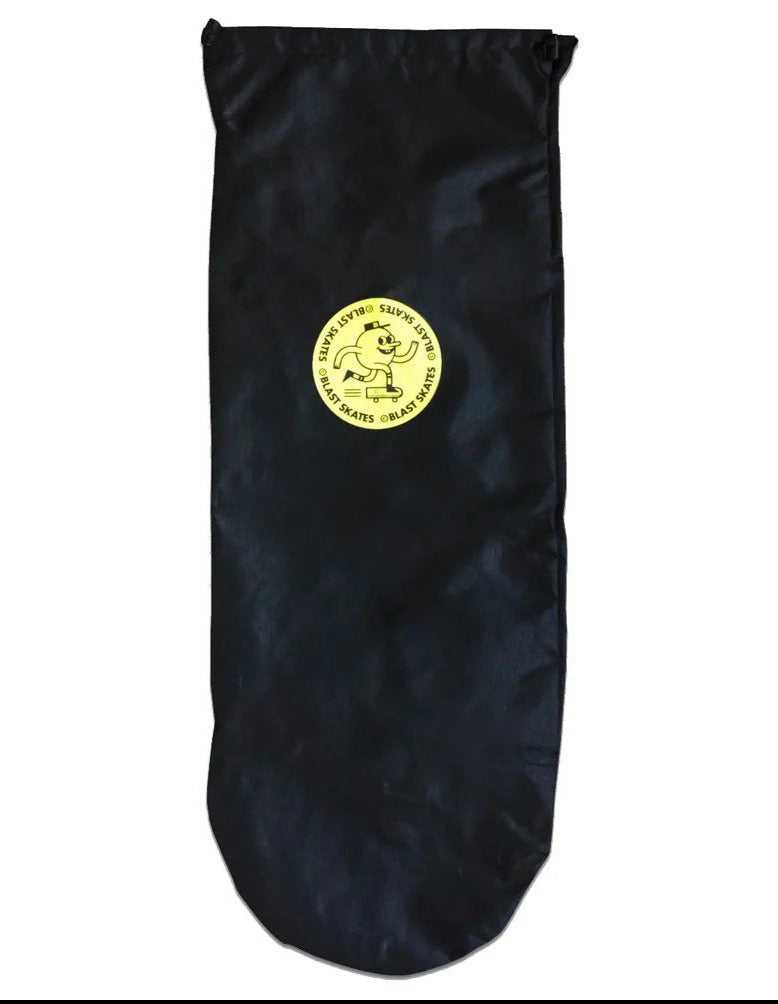 Black drawstring bag with a yellow circular logo featuring a cartoon character.