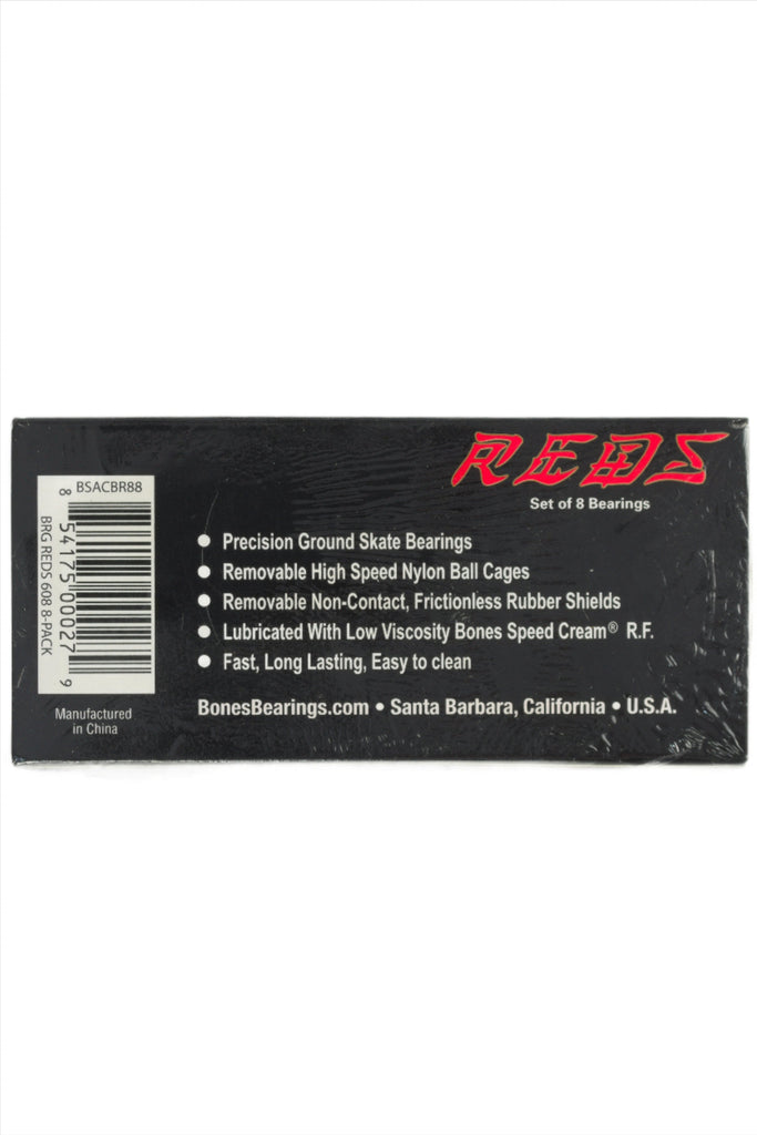 Product packaging for Bones Bearings Reds 8 Pack highlighting features and specifications