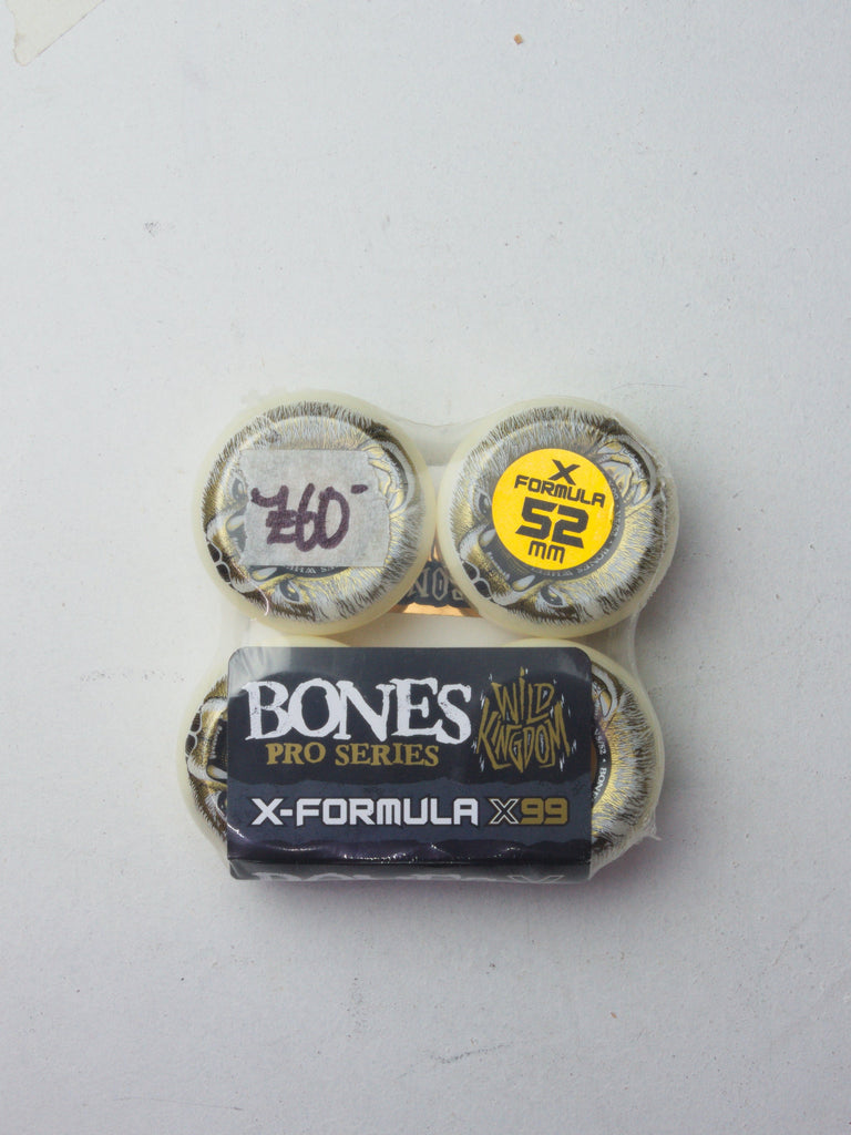 Bones Pro Series X-Formula skateboard wheels with yellow and white markings.