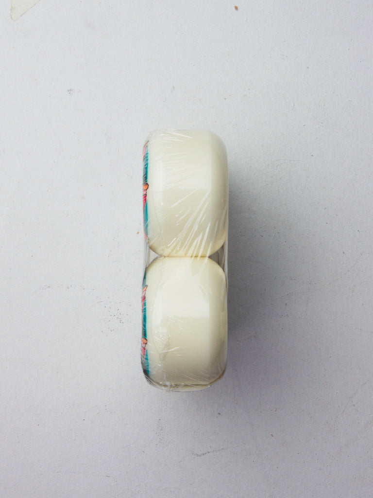 Two stacked white marshmallows with a colorful stripe around the middle.