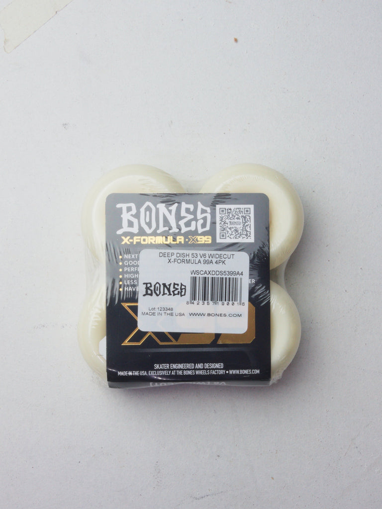 Set of white skateboard wheels in retail packaging with the Bones brand label.