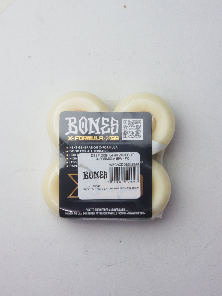 Pack of white Bones skateboard wheels with black product label.