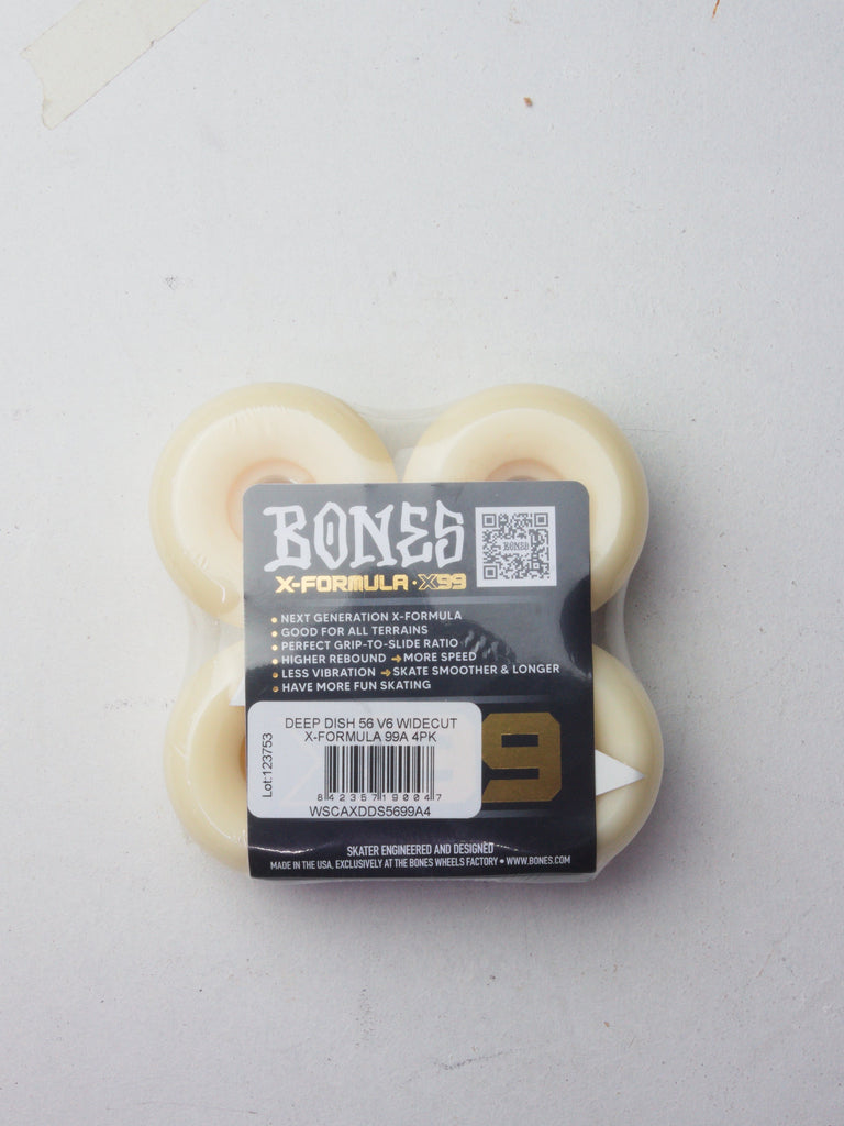 Set of white skateboard wheels with Bones branding.