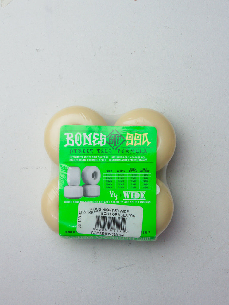 Pack of four white skateboard wheels with neon green Bones BSA packaging.