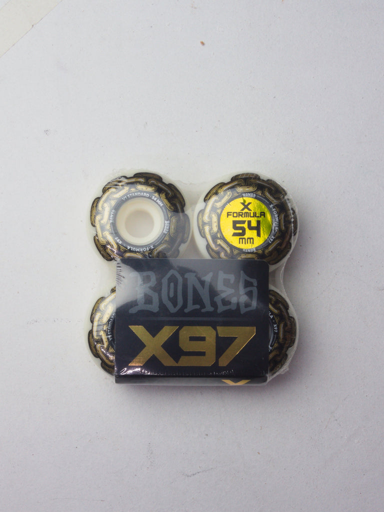 Black and yellow Bones skateboard wheels with X97 branding.