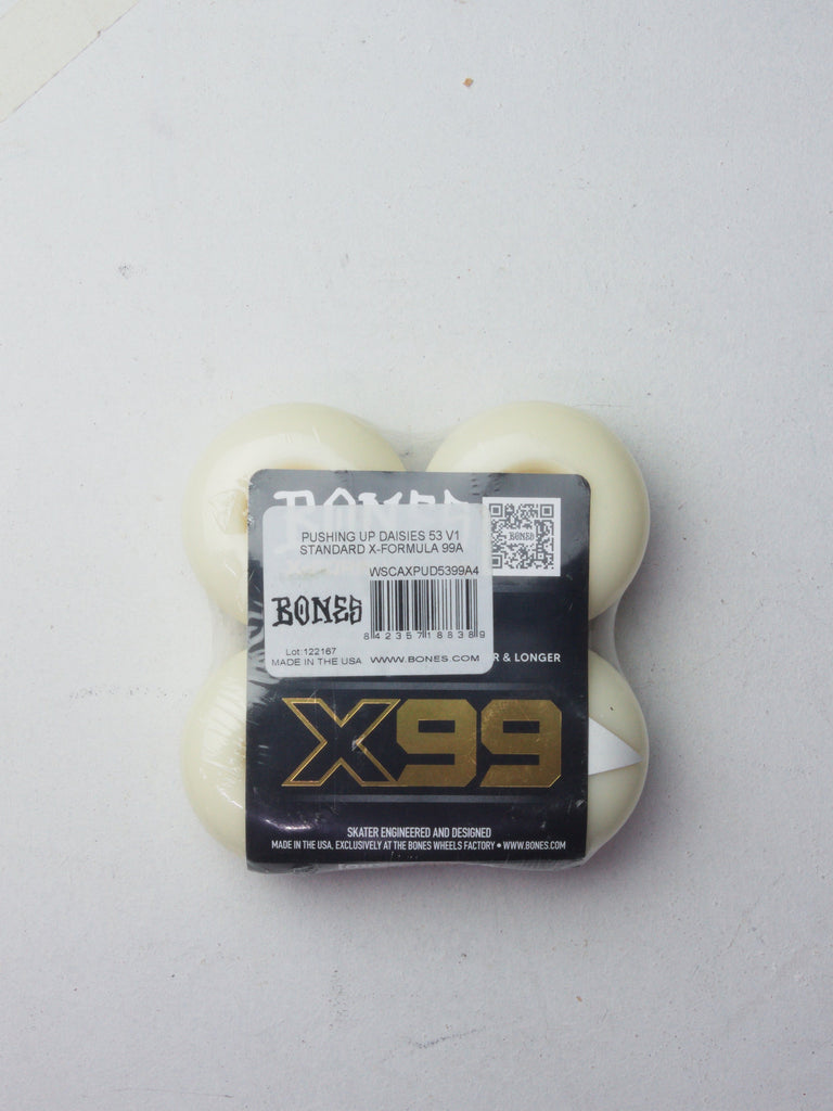 White skateboard wheels with X99 branding packaging.