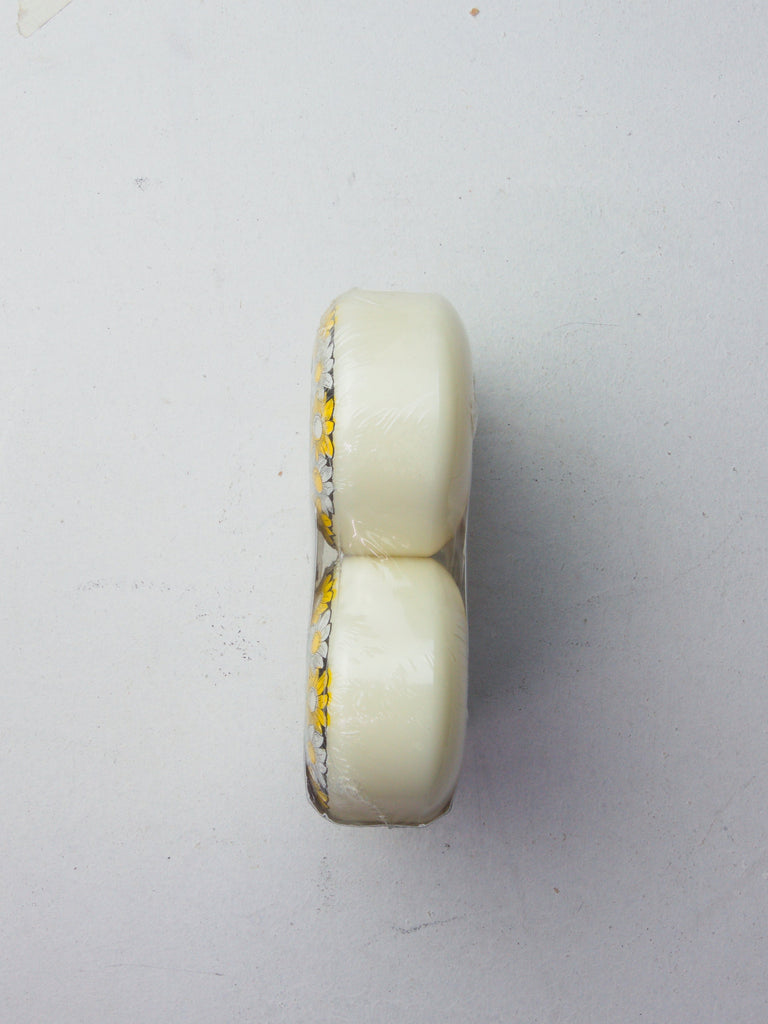 Two white skateboard wheels stacked on top of each other.