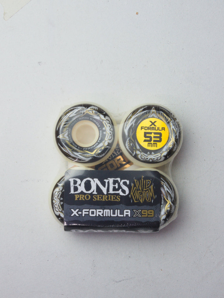 Bones brand skateboard wheels with X-Formula design.