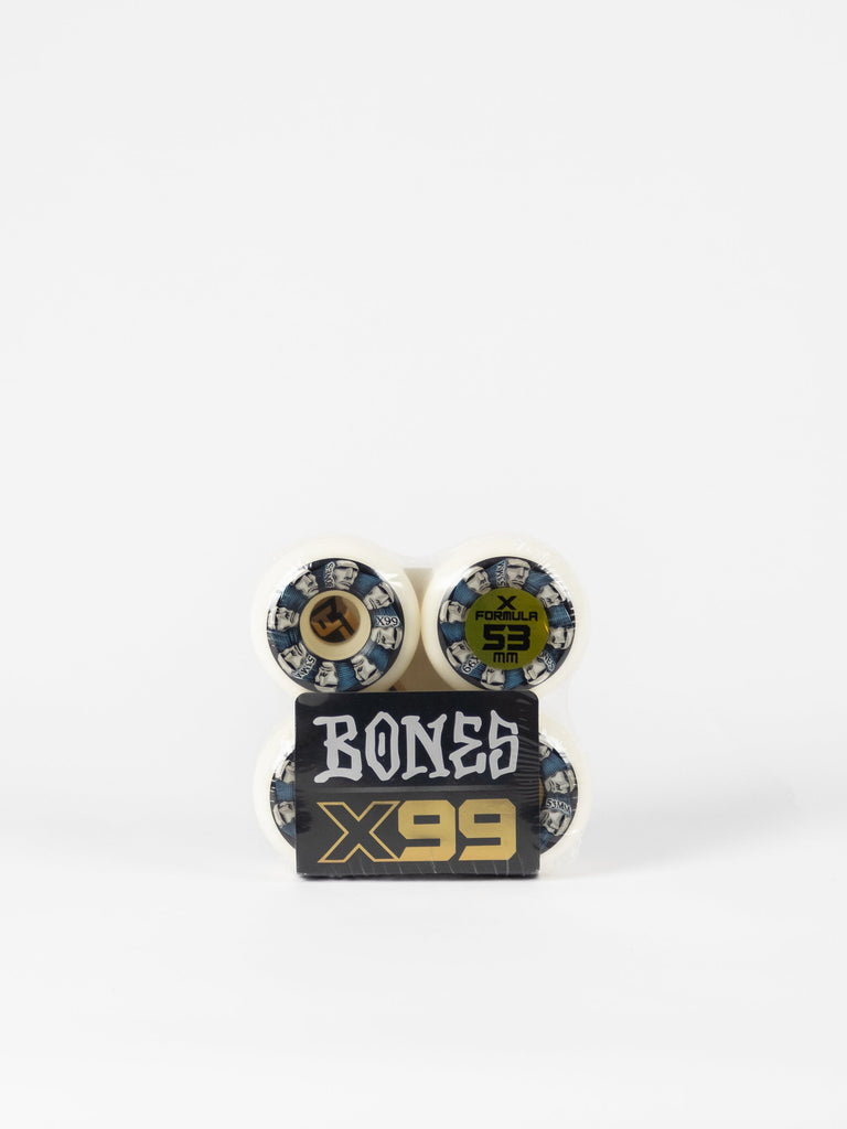 Set of skateboard wheels with ’BONES X99’’ branding.