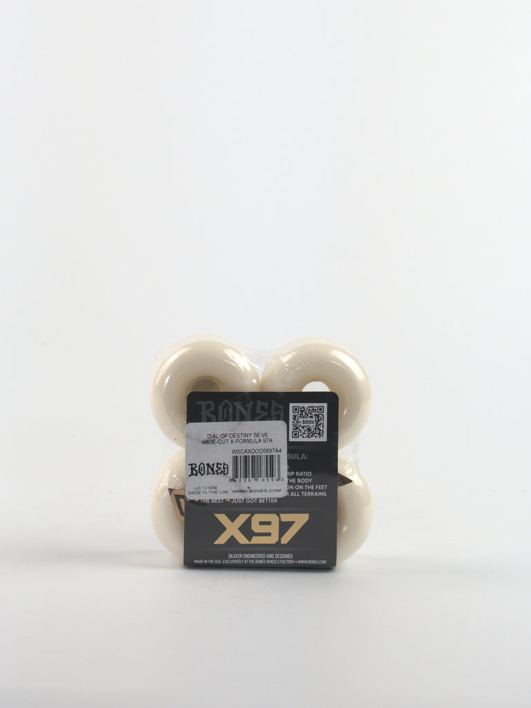 Set of four white skateboard wheels with packaging labeled ’BONES’ and ’X97’’.