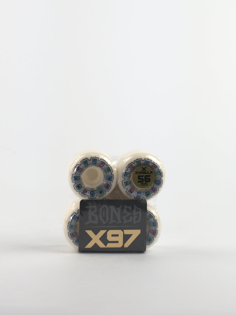 Set of skateboard wheels branded ’BONES X97’’ with a 56mm size indicator.